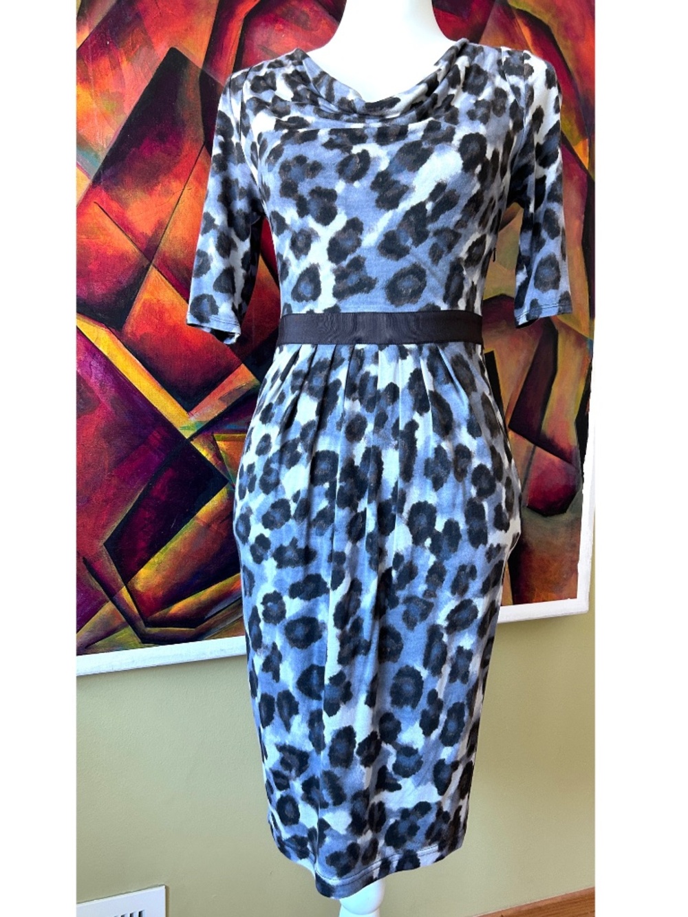 Banana Republic NWOT Y2K Black & Gray Cheetah Print Viscose Ruched Dress Size 2